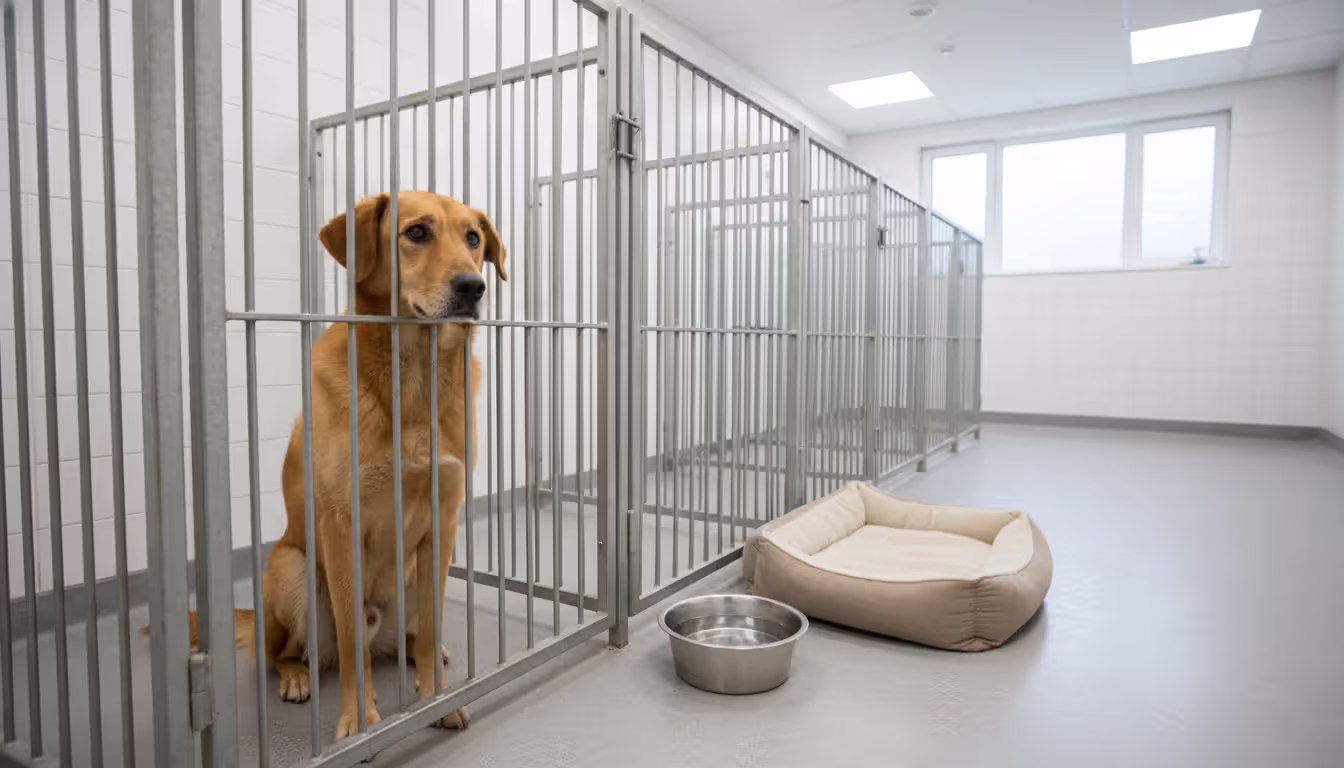 Medium-sized dog sitting inside a metal kennel looking through the bars with a water bowl and blanket nearby in a clean quarantine facility