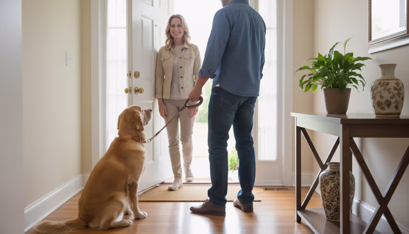 Dog owner opening the front door for a guest while holding a dog on a short leash in a home entryway