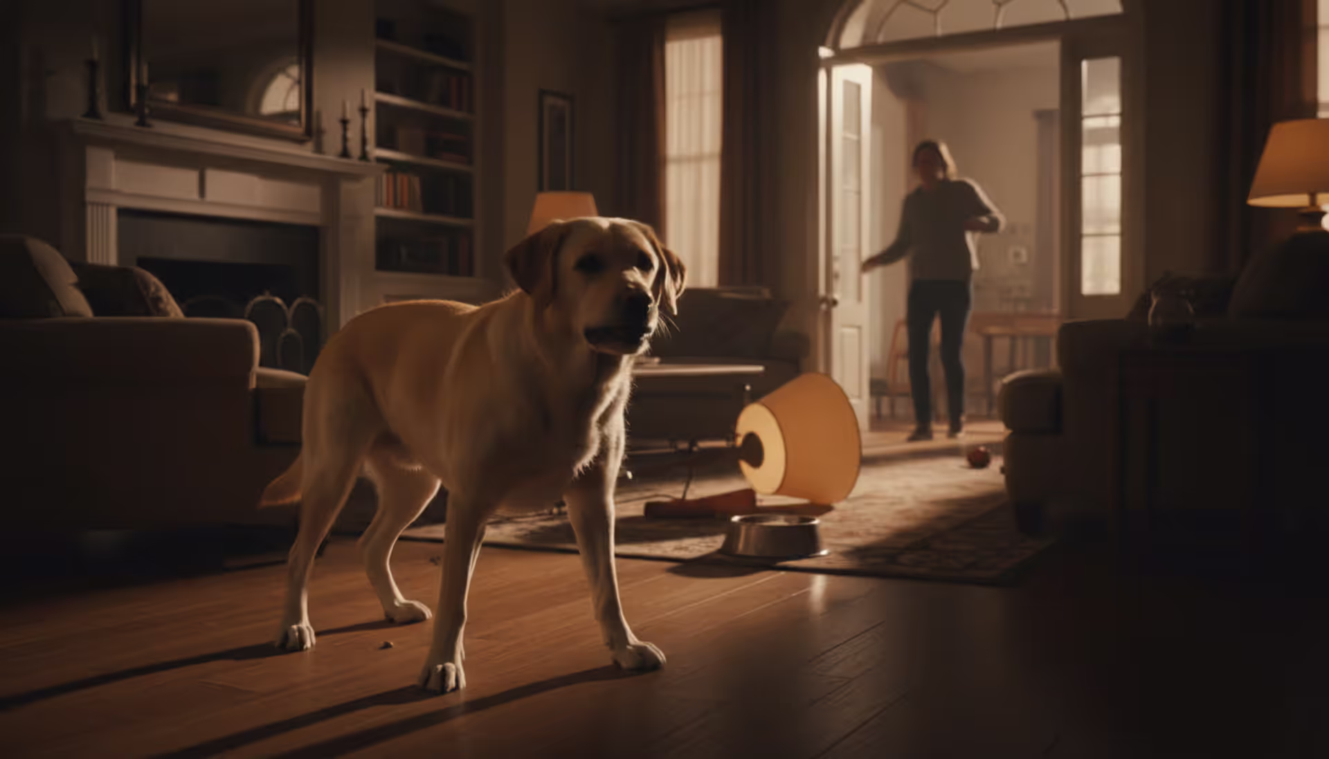 Tense domestic scene in a living room with a large dog standing alert while a person steps back cautiously