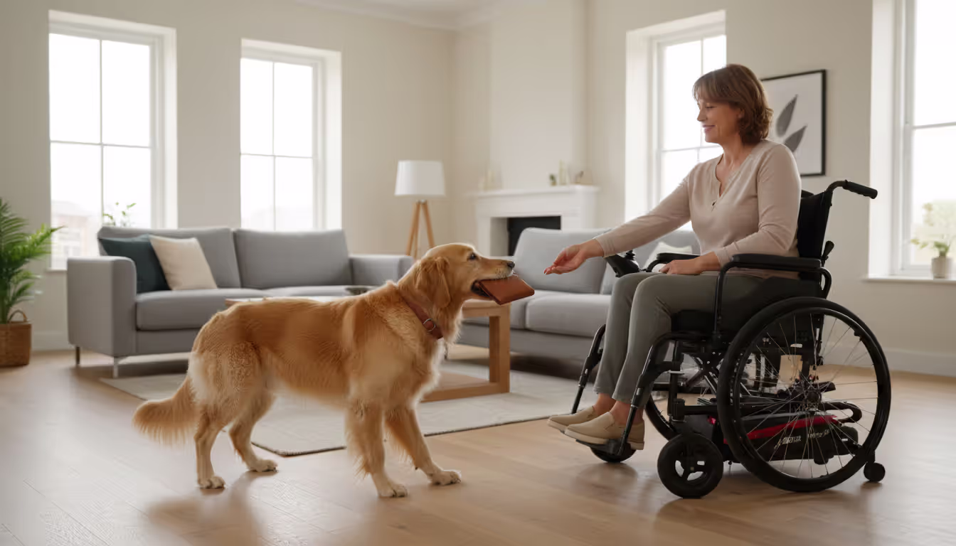 A golden retriever service dog picking up a dropped wallet and delivering it to a person in a wheelchair in a bright indoor setting