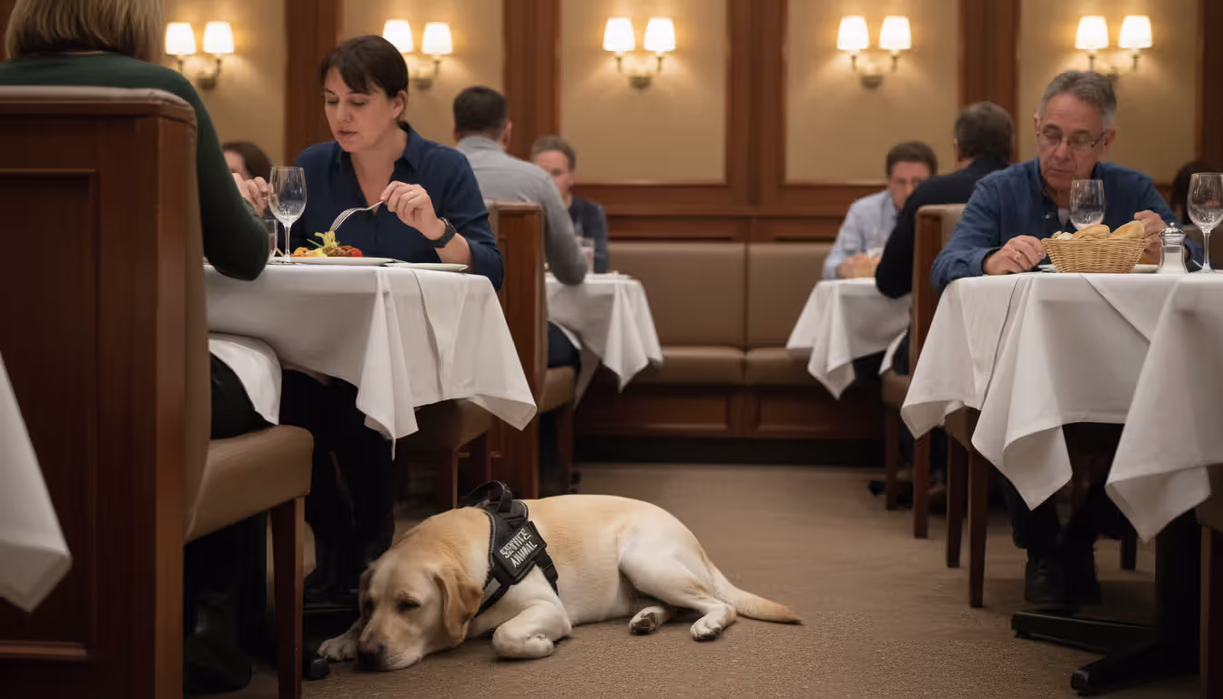 A Labrador service dog in a harness lying calmly under a dining table in a restaurant while the handler eats and other guests are seated nearby