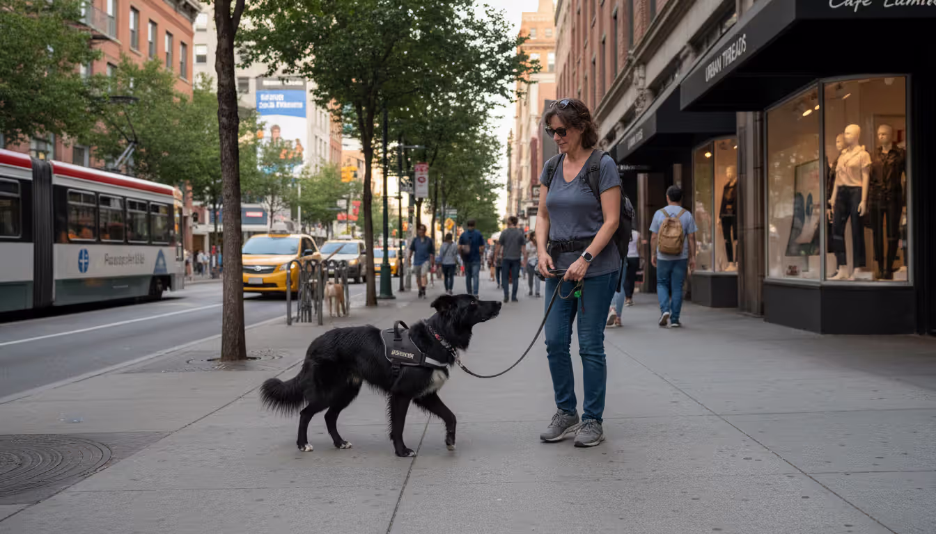A well-trained service dog walking calmly beside its handler on a busy city sidewalk ignoring distractions from other pedestrians and dogs