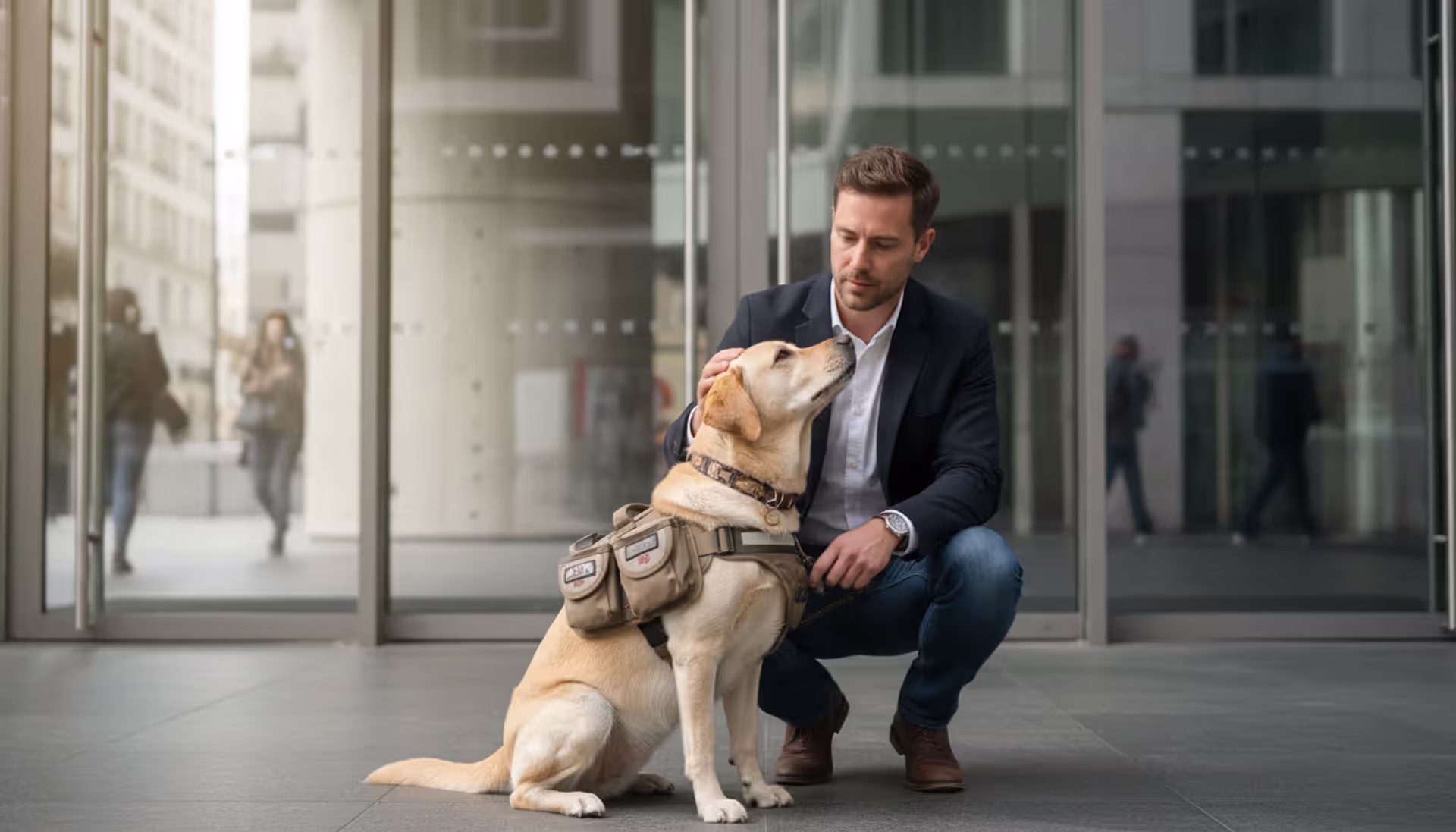 A calm Labrador retriever service dog in a harness sitting obediently next to its handler at the entrance of a modern public building with glass doors