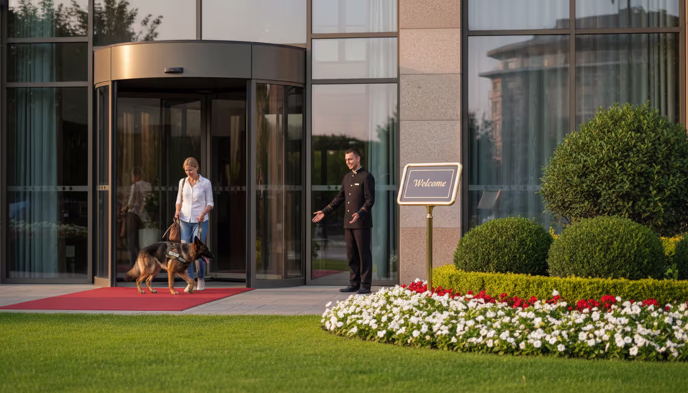Guest with a German Shepherd service dog walking through a welcoming hotel entrance with open glass doors