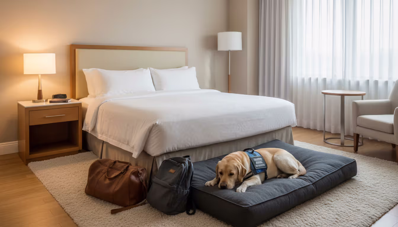 Service dog resting on a mat in a tidy hotel room next to the guest's bed and luggage
