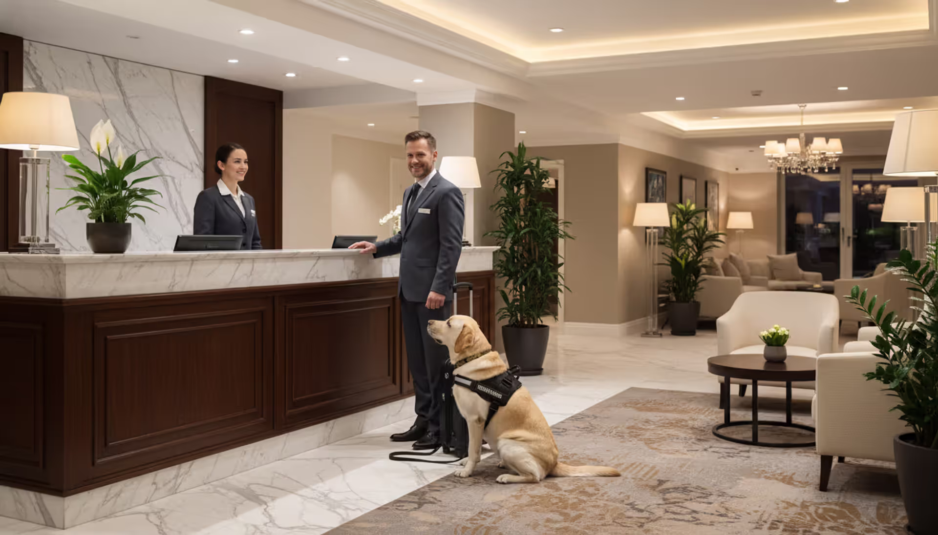 Hotel lobby front desk with a guest checking in accompanied by a Labrador service dog in a harness