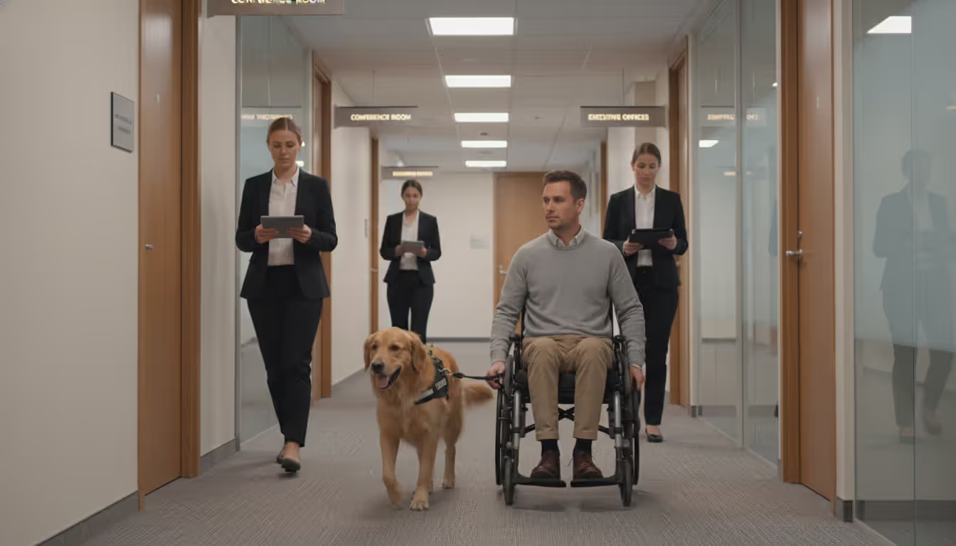 A person in a wheelchair accompanied by a harnessed service dog walking through a bright office hallway
