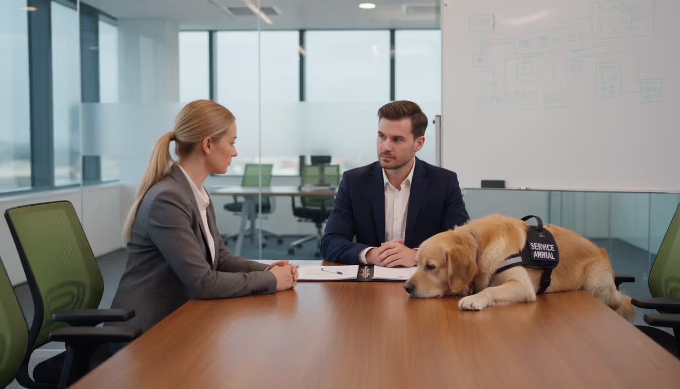 An employee sitting in a meeting room across from an HR representative discussing accommodation while a golden retriever service dog in a vest rests on the floor nearby