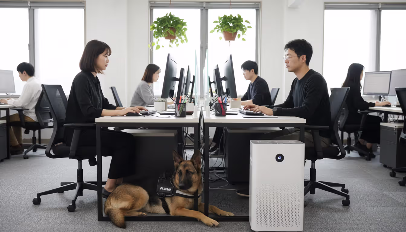 An open-plan office with two employees at desks separated by a low partition, a German shepherd service dog in a vest lying under one desk, and an air purifier visible in the room