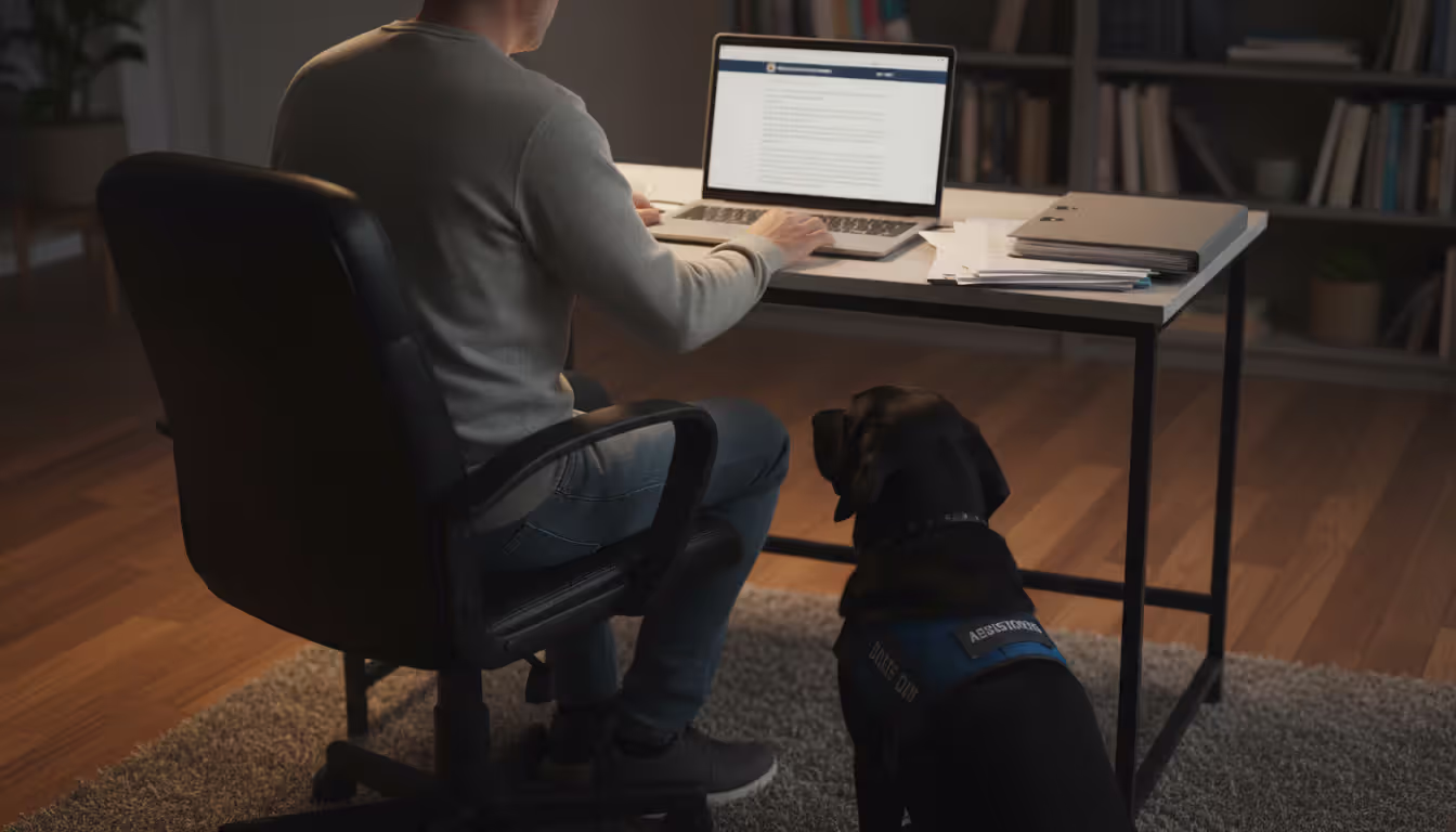 A person sitting at a home desk with a laptop and printed documents while a black Labrador service dog in a vest sits beside them on the floor