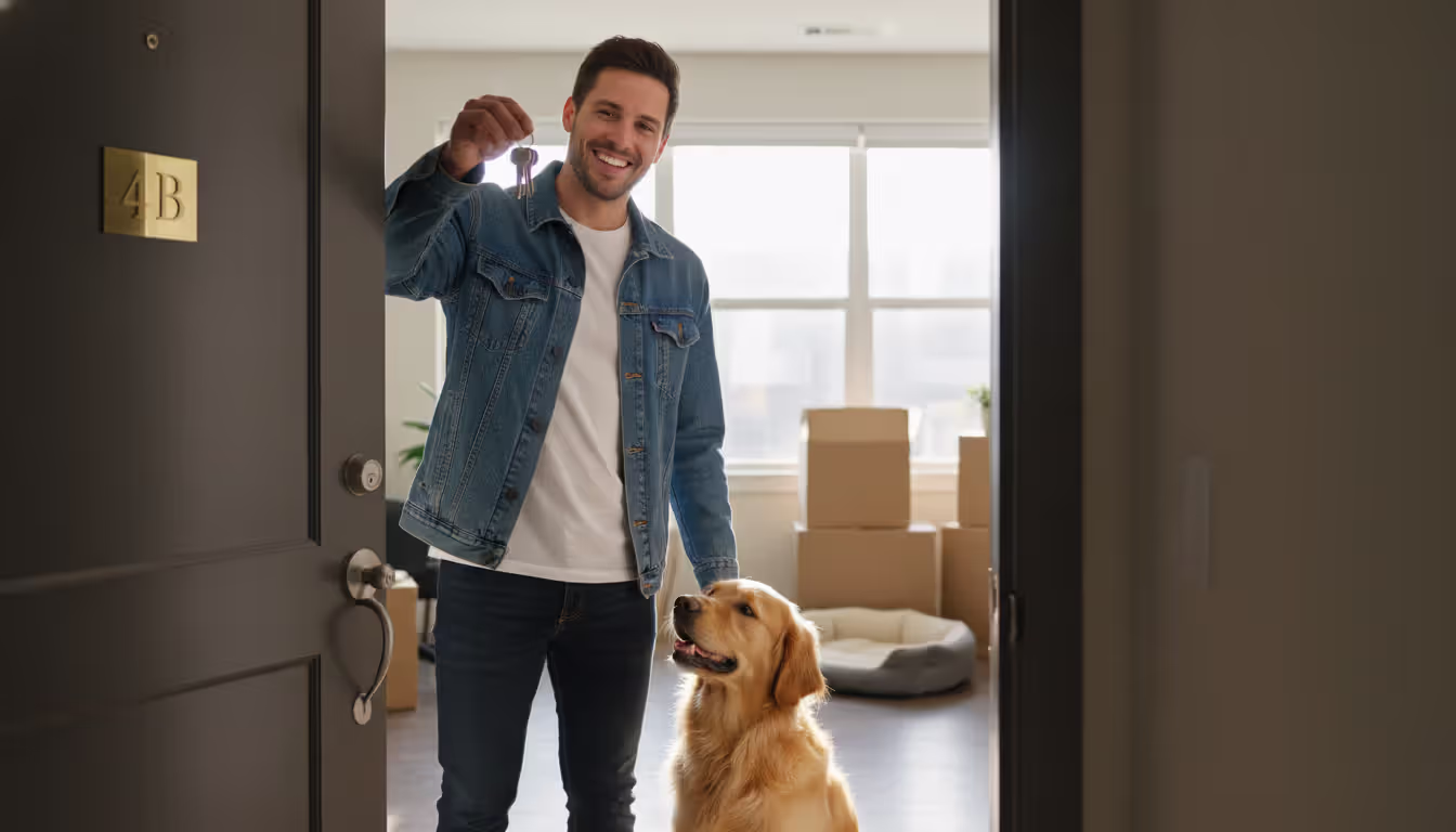 Man standing at an apartment door holding keys with a golden retriever dog sitting next to him symbolizing moving into pet-friendly housing