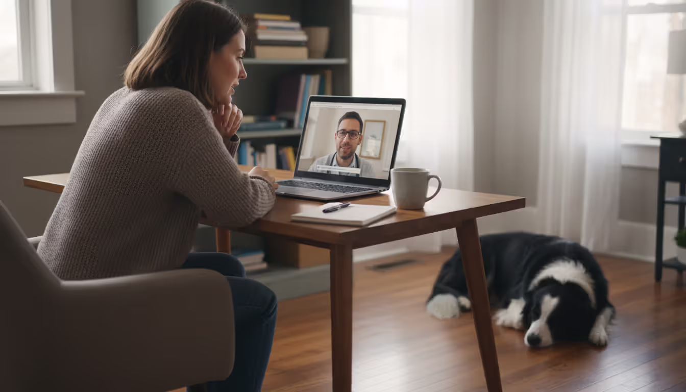 Woman sitting at a desk during a video consultation with a mental health professional on a laptop screen with a border collie dog lying nearby on the floor