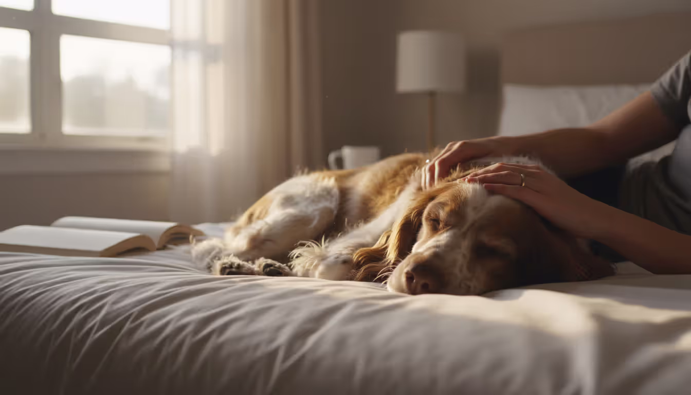 Close-up of a person's hands gently petting a spaniel dog lying on a bed in soft morning light conveying emotional comfort and support