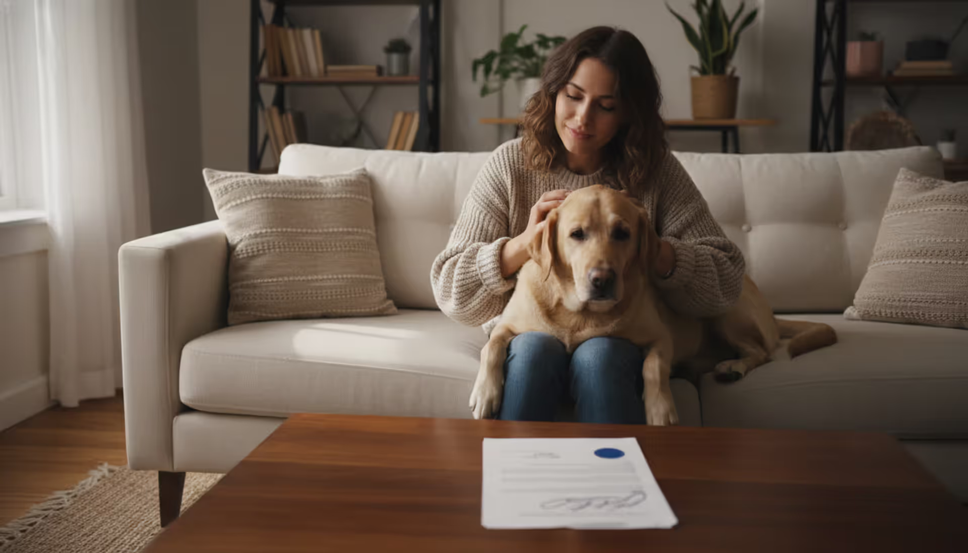 Young woman sitting on a couch in a cozy apartment hugging her Labrador dog with an official letter document on the coffee table in front of her