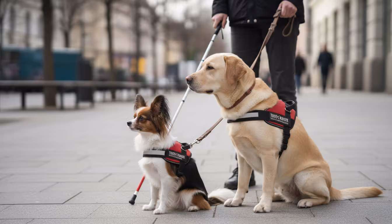 A small Papillon dog in a service harness sitting calmly next to a large Labrador Retriever in a guide dog harness leading a person with a white cane on a city sidewalk