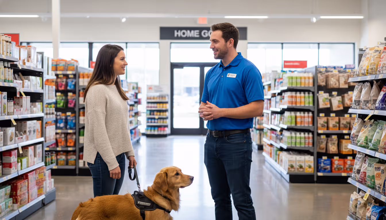 A retail store employee in a uniform politely speaking with a customer who has a medium-sized dog in a harness inside a store aisle