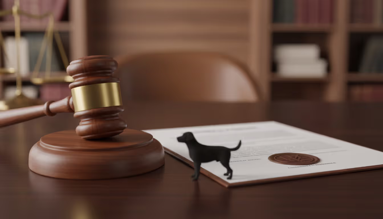 A wooden judges gavel on a desk next to a blurred official document with a small dog figurine symbolizing service animal legislation