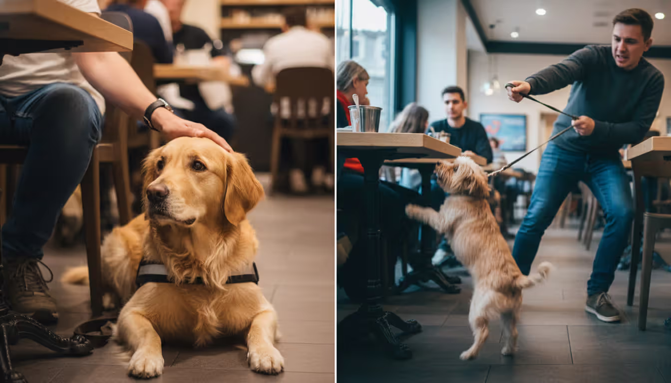 A split scene in a cafe showing a calm Golden Retriever in a service harness lying at its owners feet on the left and an unruly small dog pulling its leash and jumping toward a table on the right
