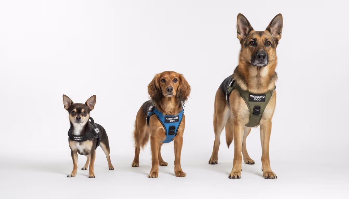 Three different dog breeds of varying sizes wearing service dog harnesses standing in a row on a neutral background