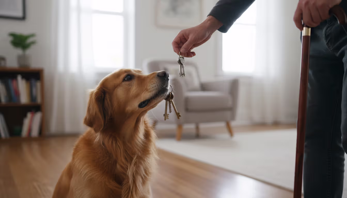 A golden retriever service dog picking up dropped keys from the floor and delivering them to its handler who is standing with a cane