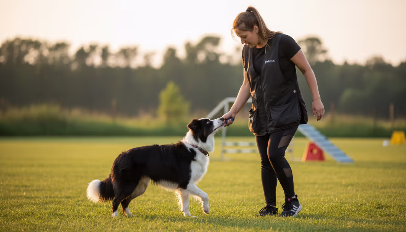 A female handler training a border collie with a clicker and treats on an outdoor dog training field with agility equipment in the background