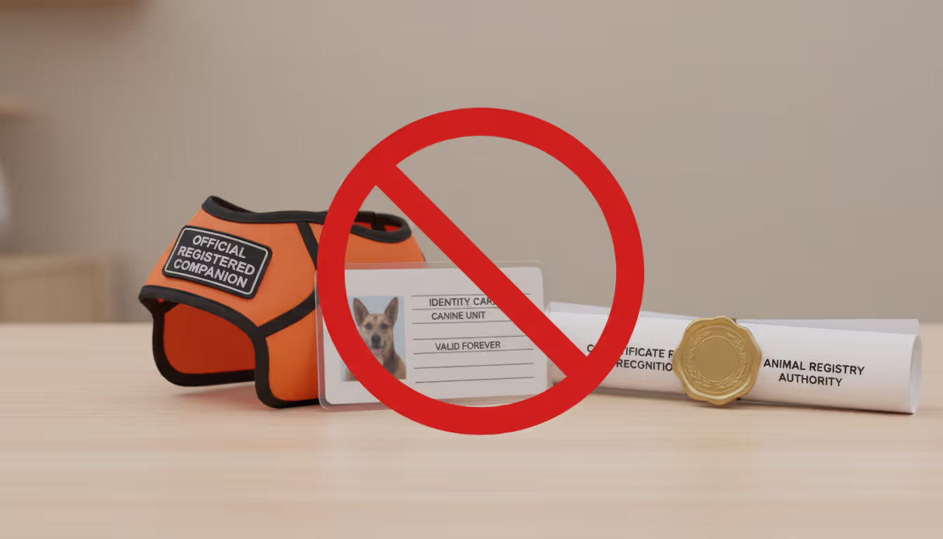 A table displaying fake service dog registration items including a vest, plastic ID card, and paper certificate with a red prohibition symbol overlay