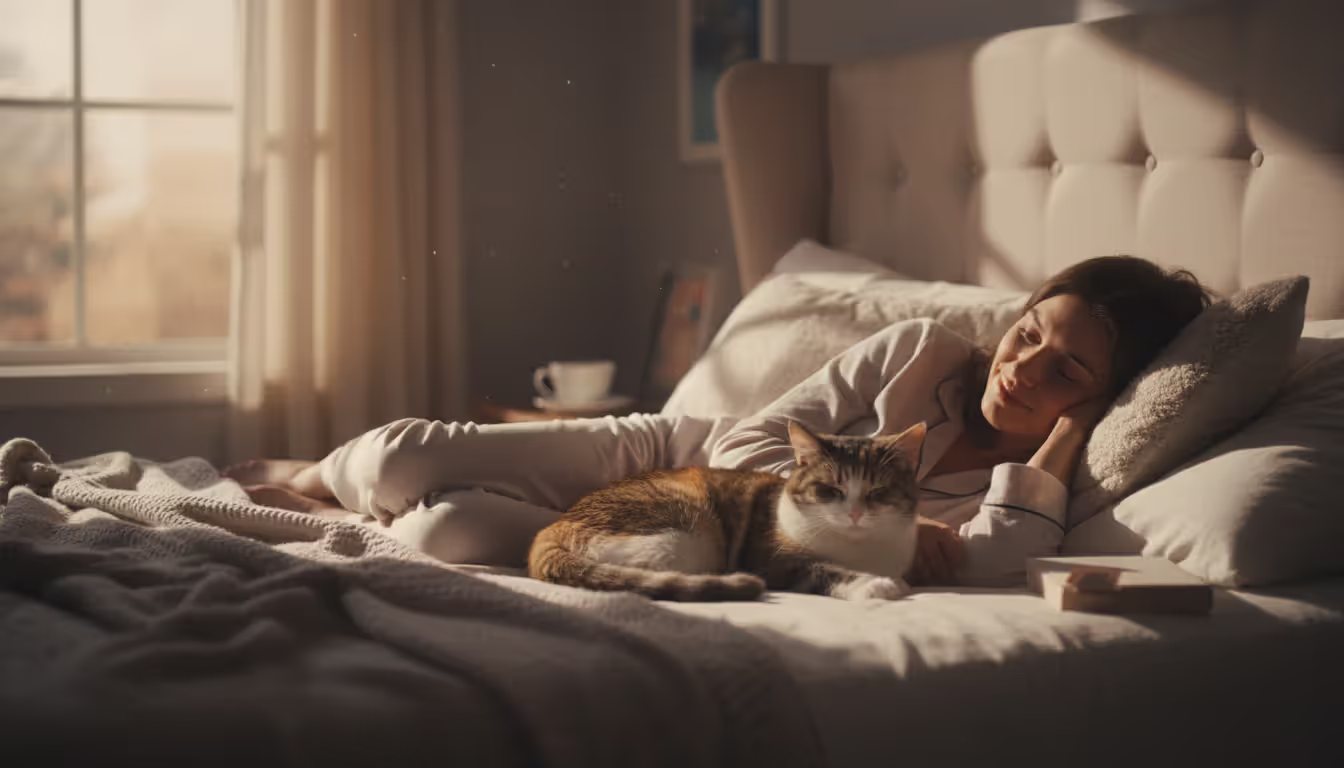 Cat sitting next to a person on a bed in a cozy apartment bedroom with soft natural light