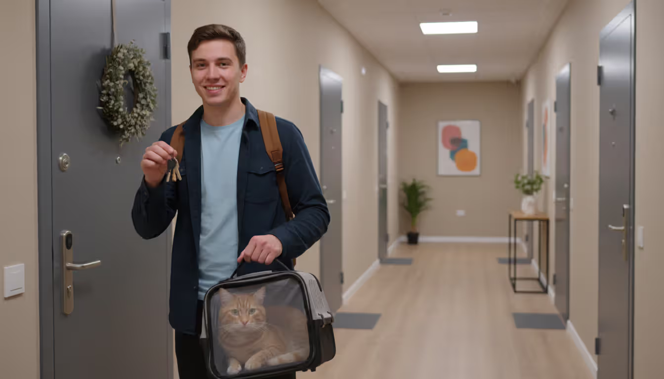 Person standing at apartment door holding keys and a cat carrier with a calm cat inside in a residential hallway