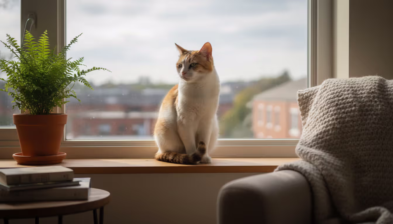 Content cat sitting on a windowsill looking out the window with a potted plant nearby and a cityscape in the background