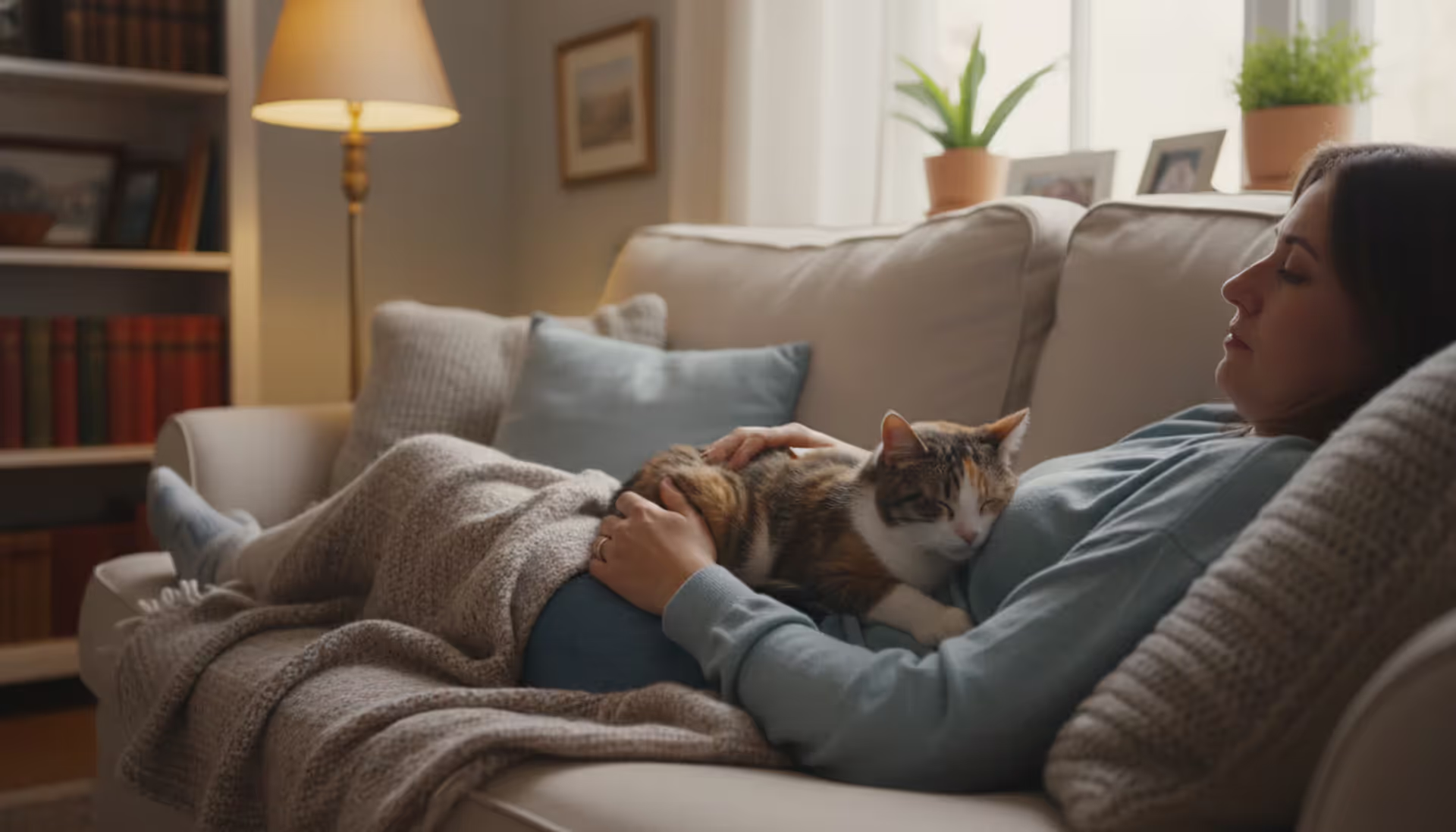 Calm cat lying on person's lap on a cozy sofa in a warm living room setting