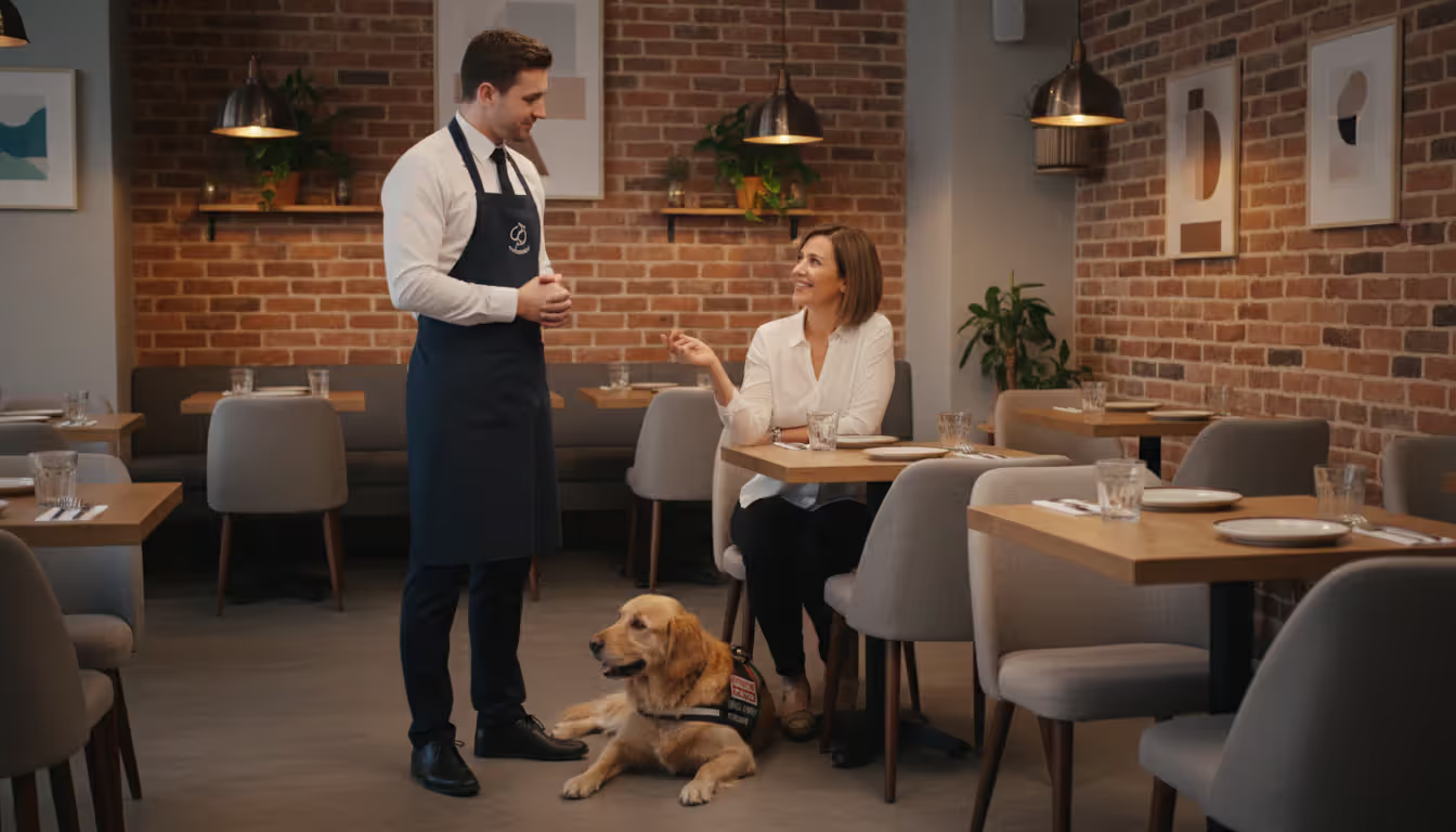 A restaurant employee politely speaking with a patron while a golden retriever service dog lies calmly on the floor nearby without any documents being shown