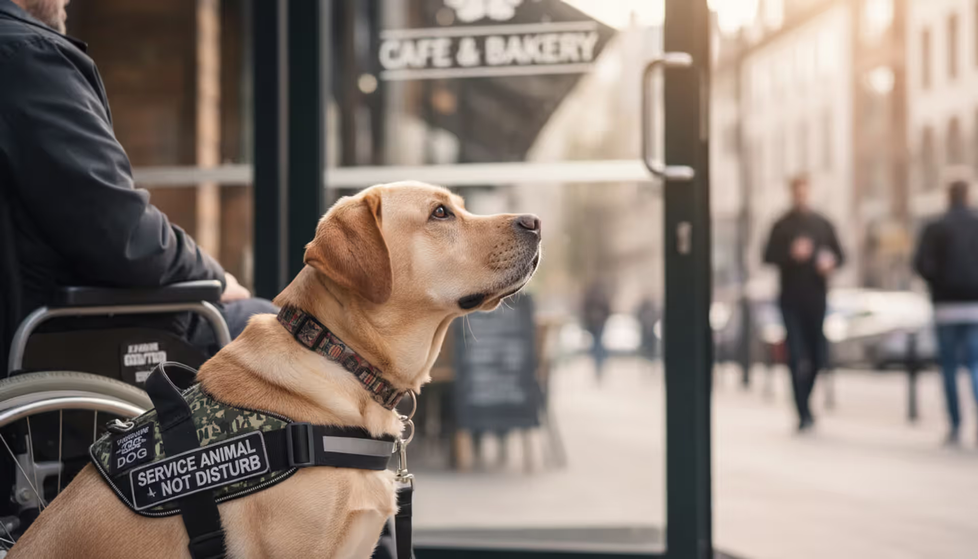 A trained Labrador retriever service dog in a vest sitting calmly next to a wheelchair user at the entrance of a public building