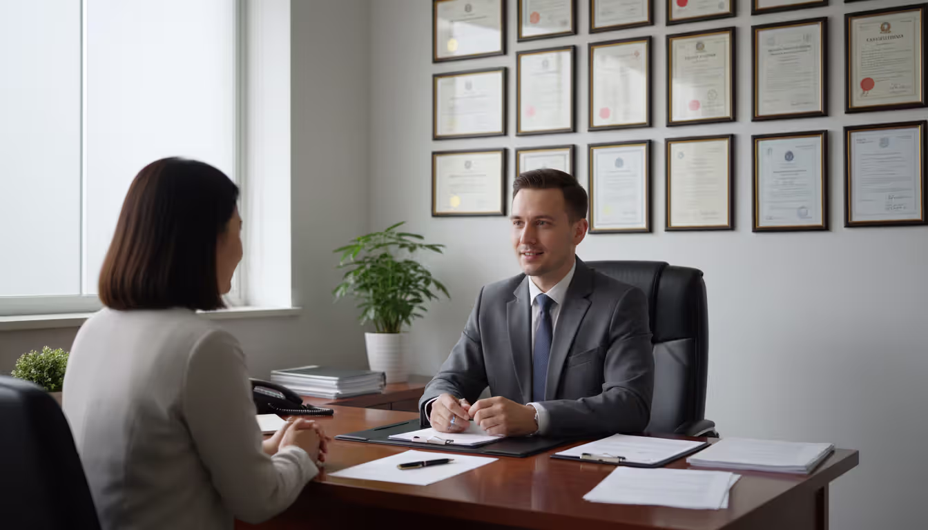 Licensed healthcare provider in an office consulting with a patient across a desk with documents and framed diplomas on the wall