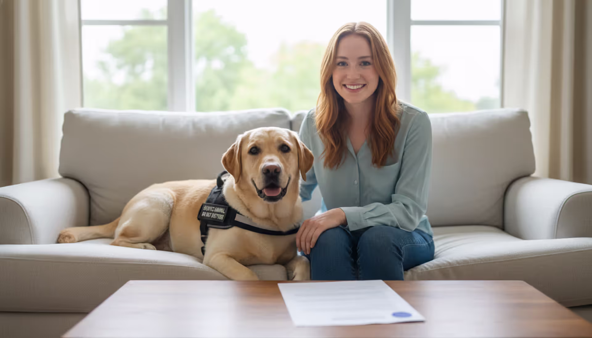 Young woman sitting on a couch in a bright apartment with a Labrador service dog in a vest lying next to her and an official letter on the coffee table
