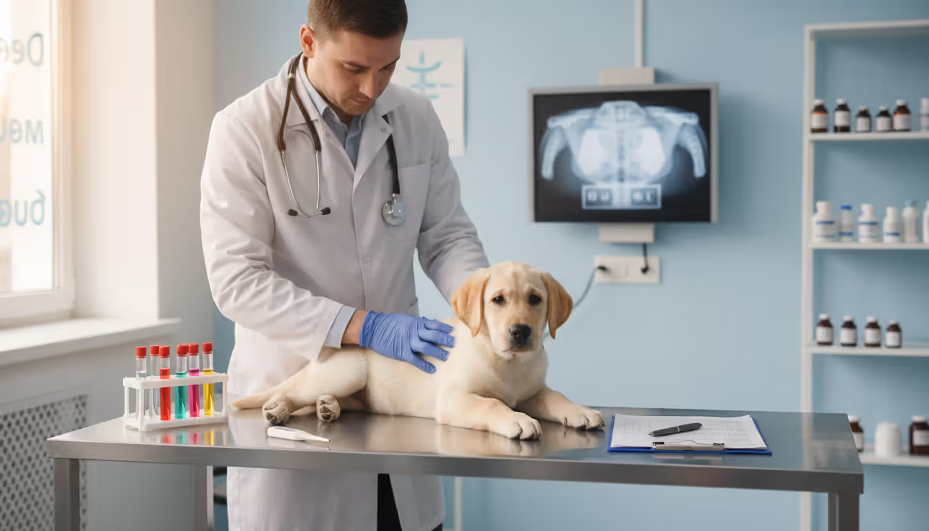 Veterinarian in white coat examining a Labrador Retriever puppy on an exam table in a clean well-lit veterinary clinic with medical documents and test tubes nearby