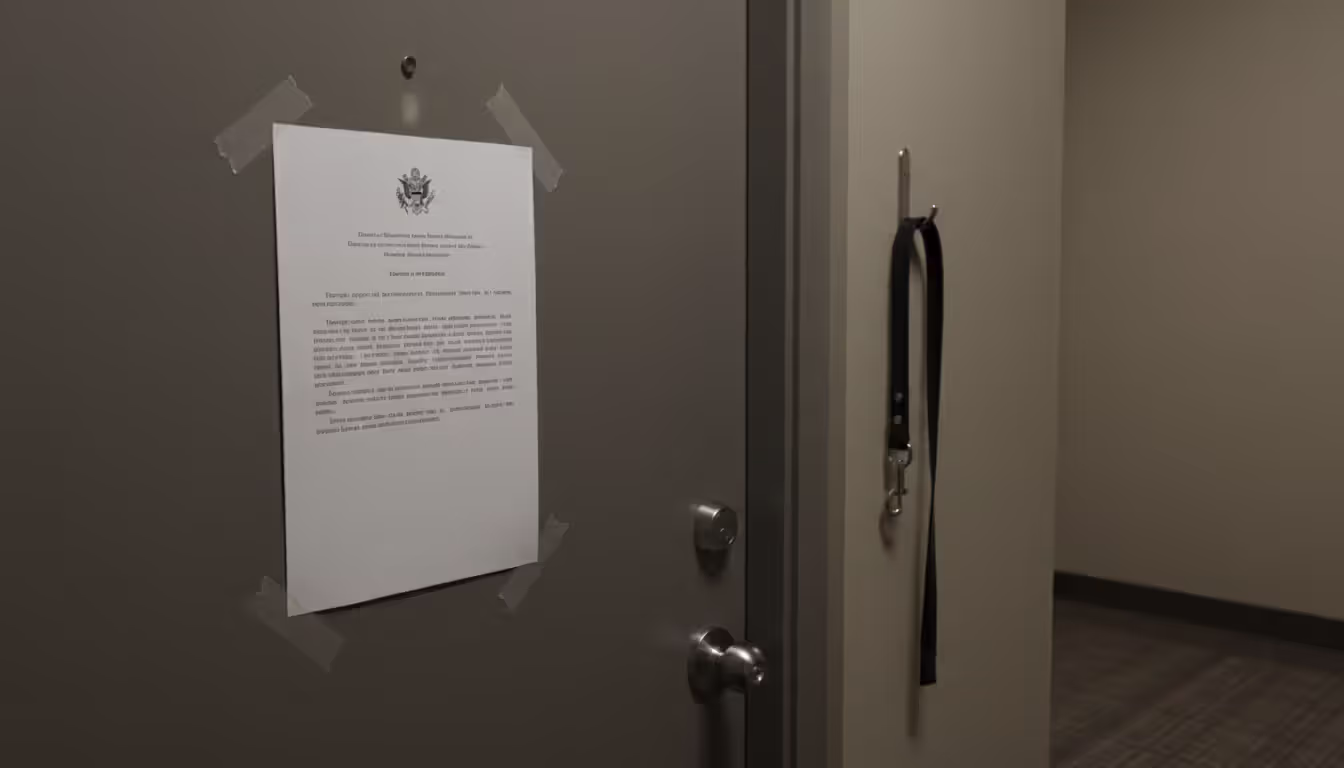 Official notice paper attached to apartment door with dog leash hanging on hook nearby in residential hallway