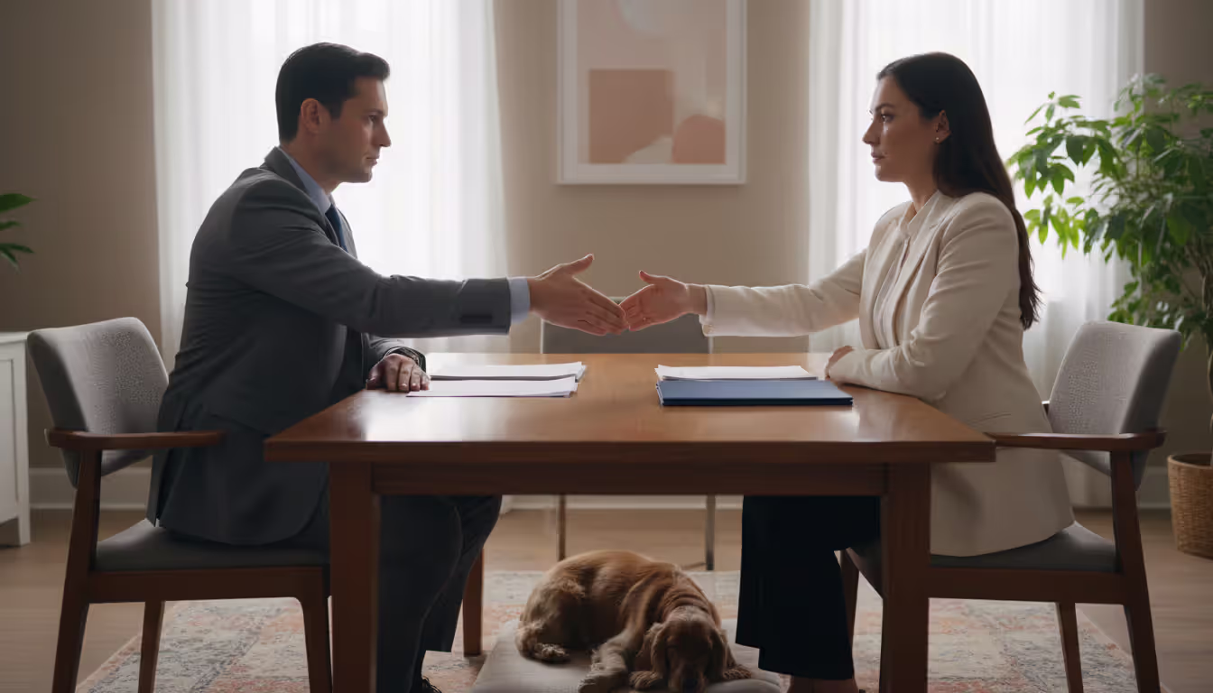 Two people shaking hands across table with documents, small well-groomed Cocker Spaniel sitting calmly at one persons feet, negotiation meeting setting