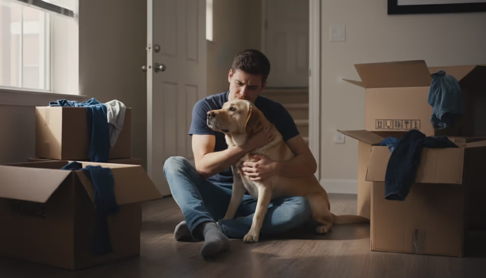 Young man sitting on apartment floor hugging his Labrador dog next to moving boxes, worried expression, warm natural lighting