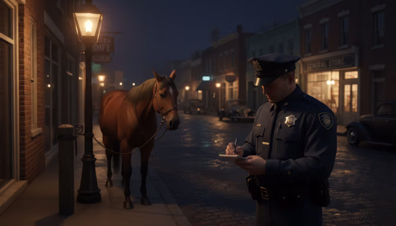 Police officer writing notes on a lit small-town street at night with a riderless horse tied to a post in the background