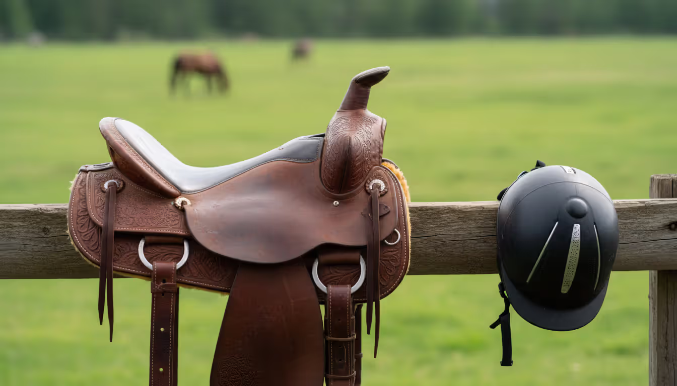 Western saddle on a wooden fence rail next to a riding safety helmet with a green pasture in the background