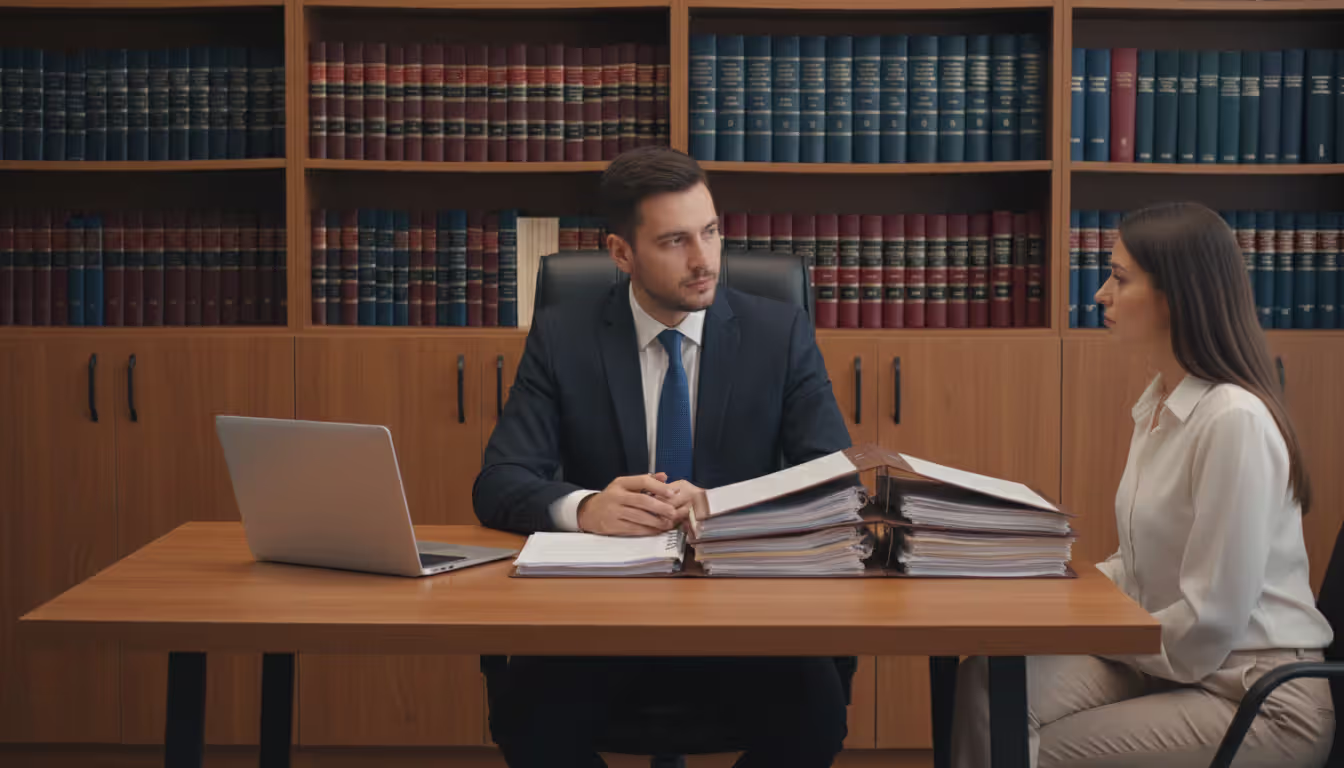 Defense attorney in a suit sitting across a desk from a client in a law office with legal books on shelves in the background