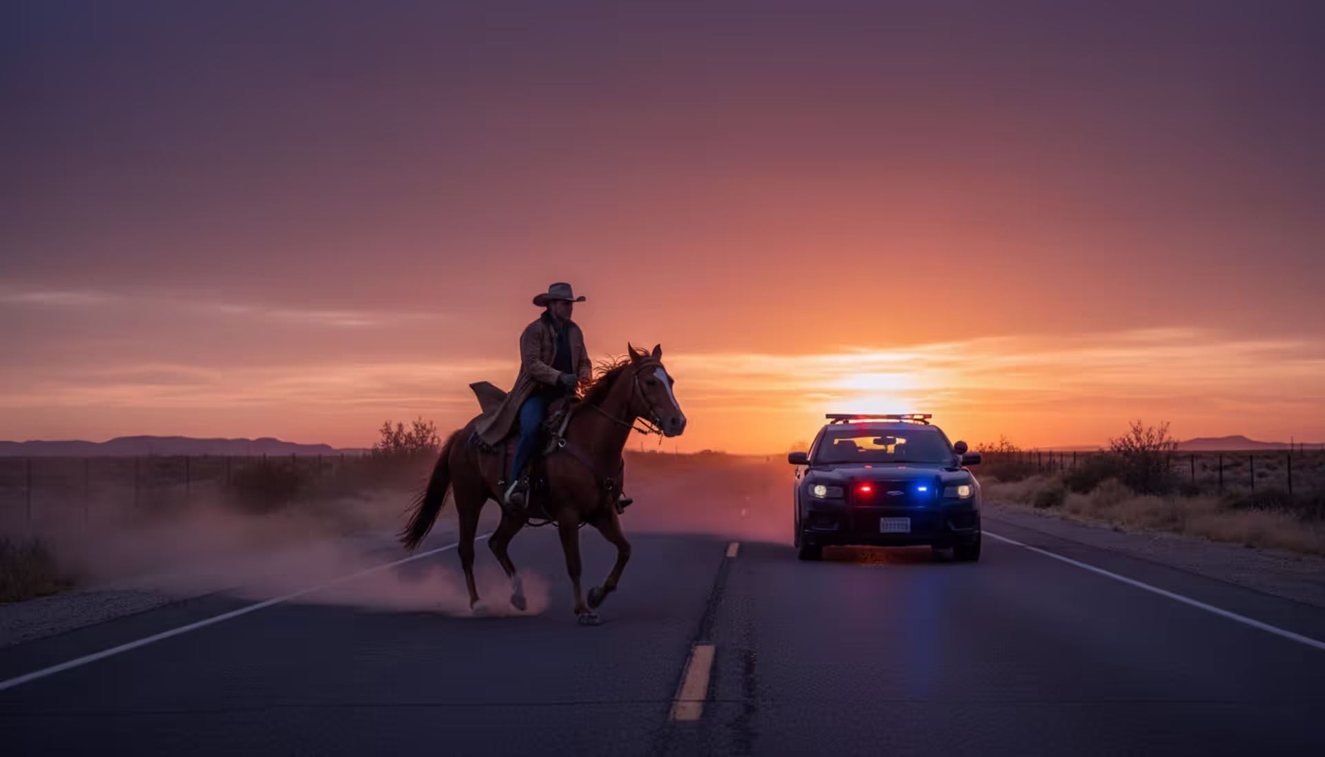 Horseback rider on a rural two-lane road at dusk with a police car with flashing lights parked on the shoulder