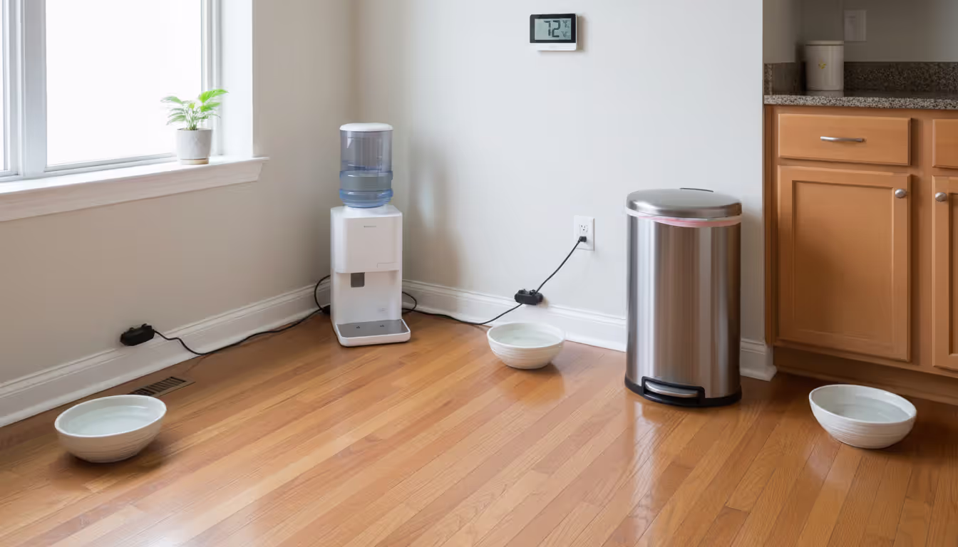 A clean kitchen prepared for a pet owner's absence with multiple water bowls, an automatic water dispenser, and a thermostat on the wall