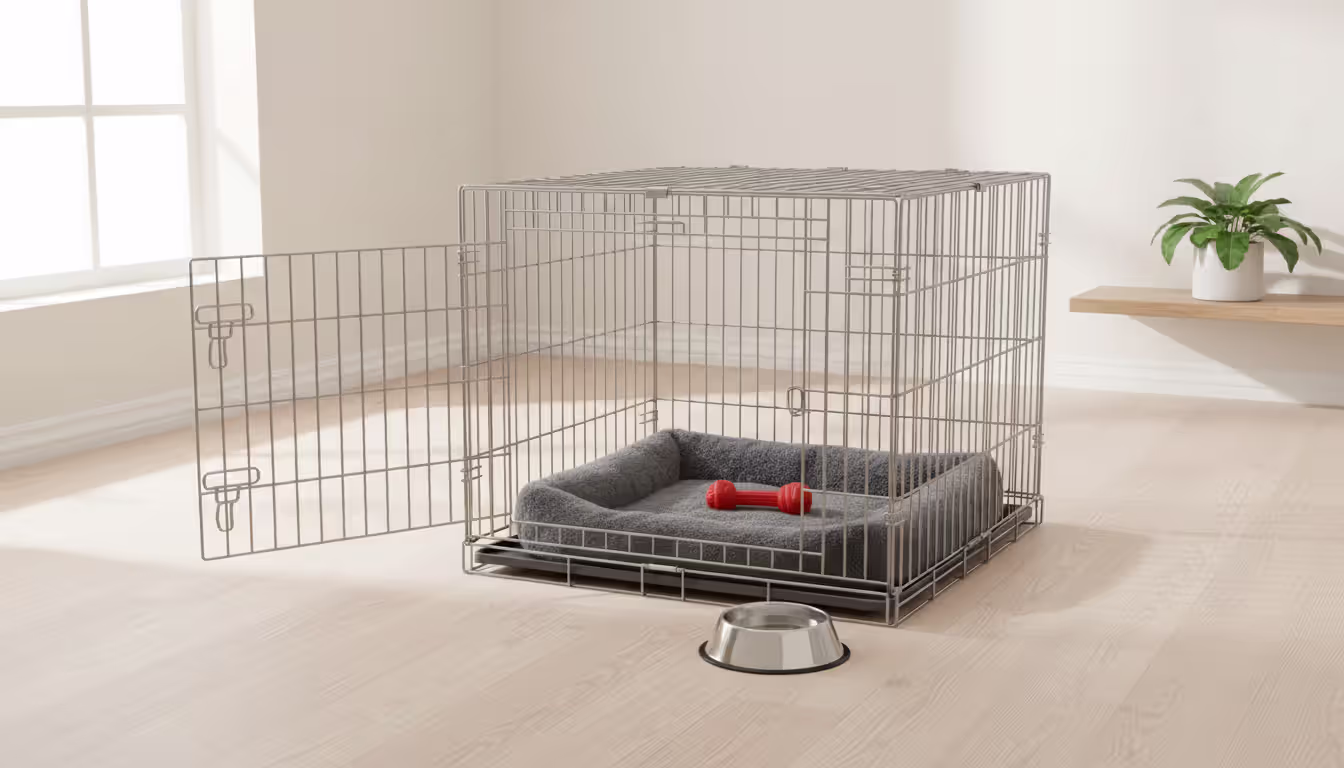 A spacious open dog crate with a soft bed and toy inside, placed in a bright room with a water bowl nearby