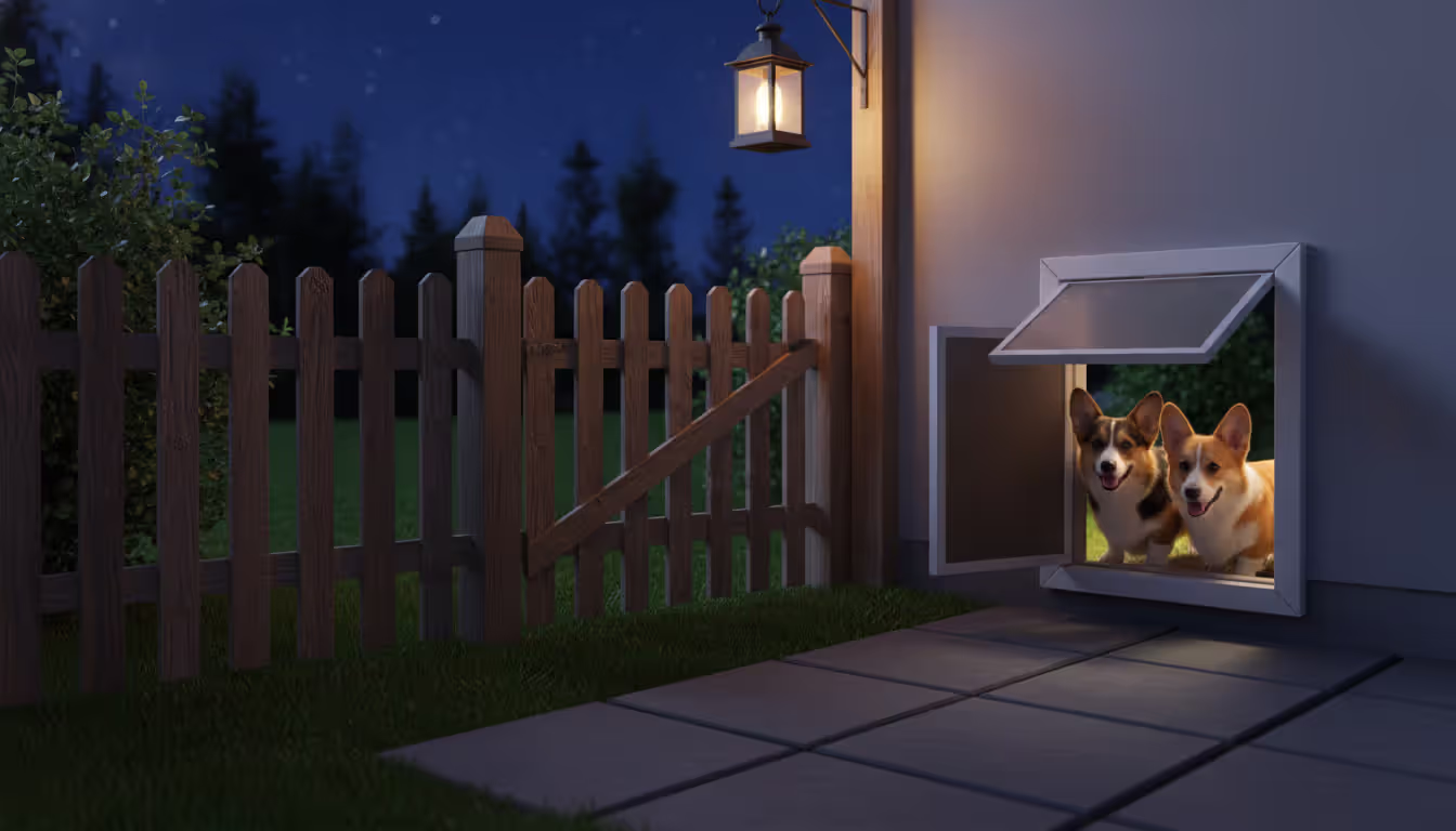 Two Welsh Corgis going through a dog door into a fenced backyard at night under porch light