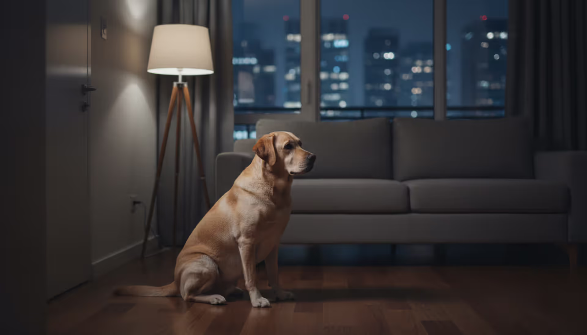 A Labrador Retriever sitting alone in a dimly lit modern living room at night, looking toward the front door
