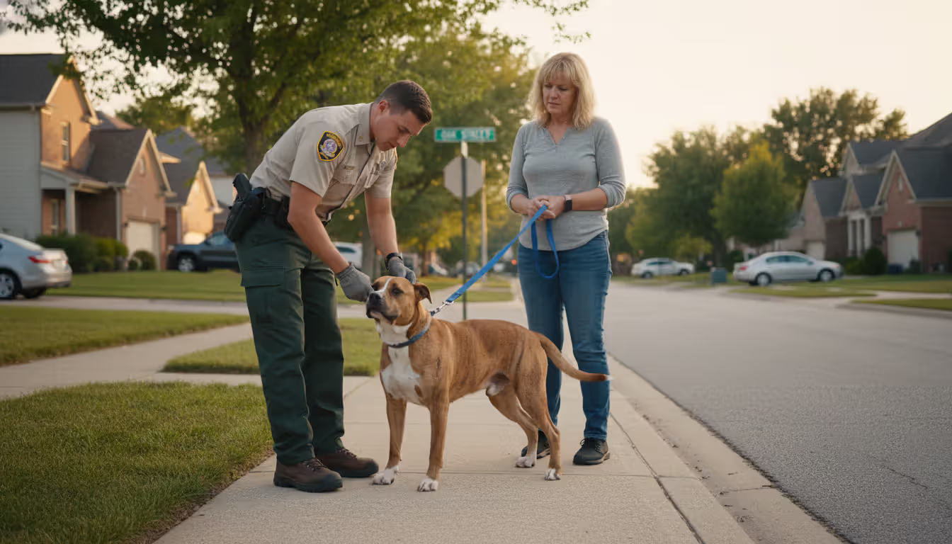 An animal control officer in uniform examining a medium-sized mixed-breed muscular dog on a leash held by its owner on a suburban sidewalk