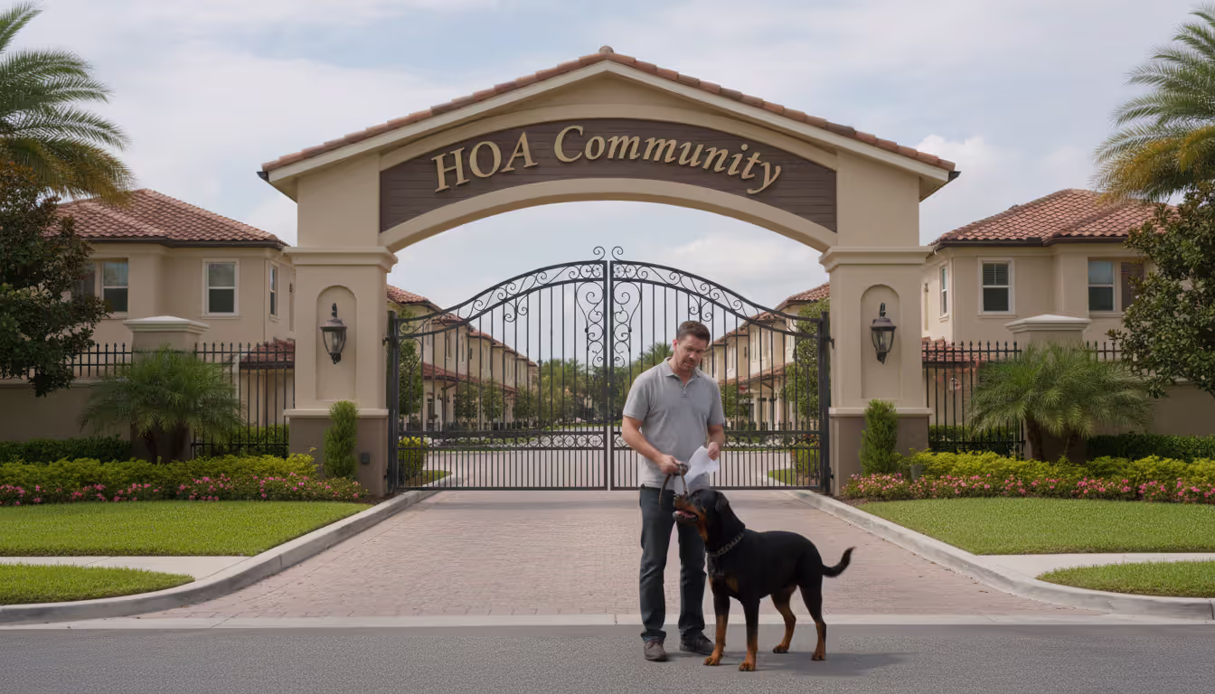 A concerned dog owner with a Rottweiler standing at the entrance gate of a residential HOA community with townhouses in the background