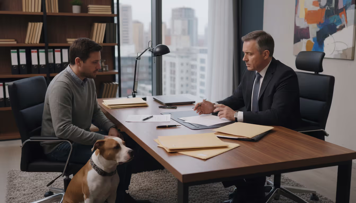 A dog owner with a calm pit bull sitting across from an insurance agent at an office desk with documents and folders
