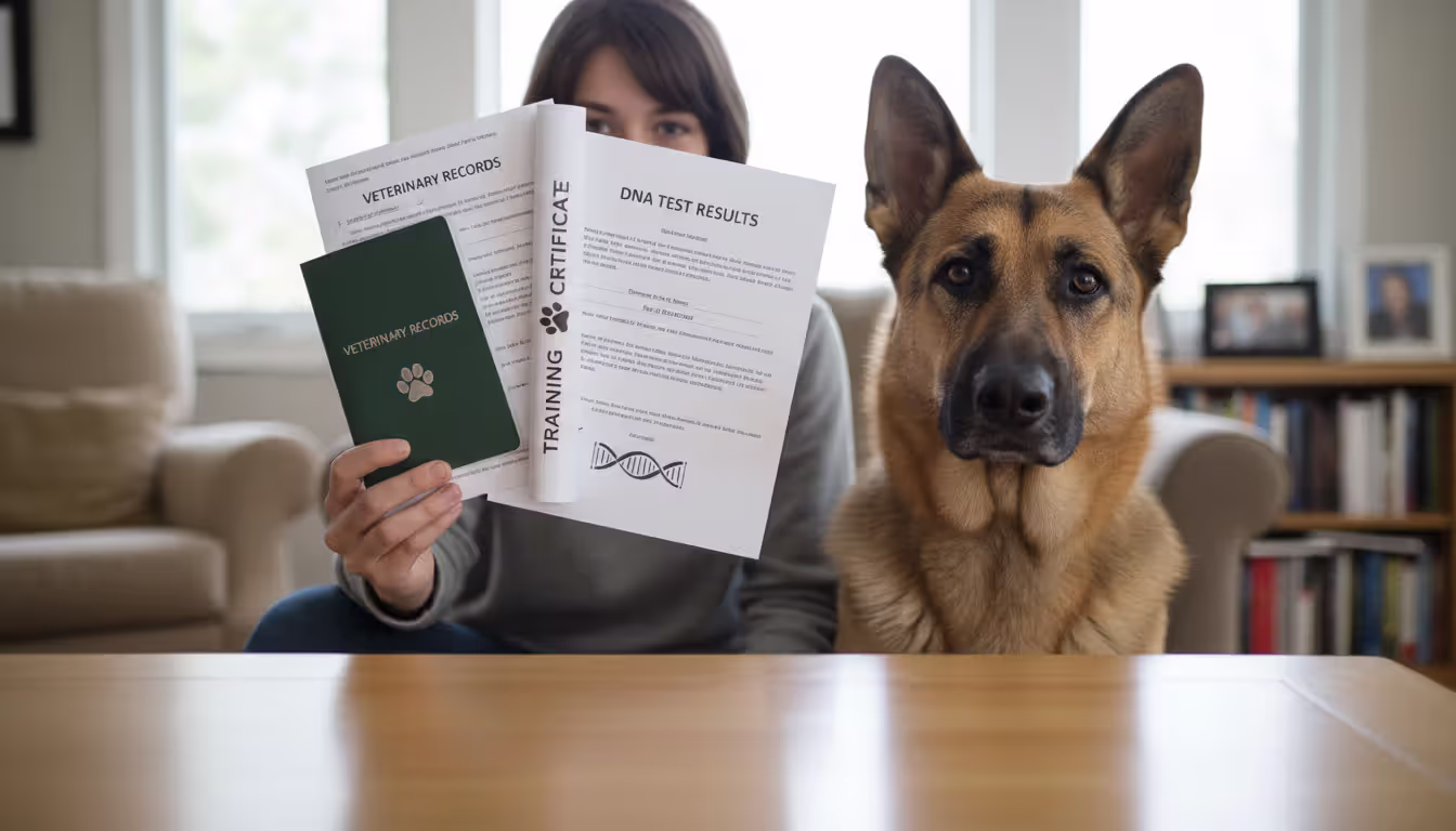 A dog owner holding veterinary records, training certificates, and a DNA test result document while a German Shepherd sits beside them in a bright home setting